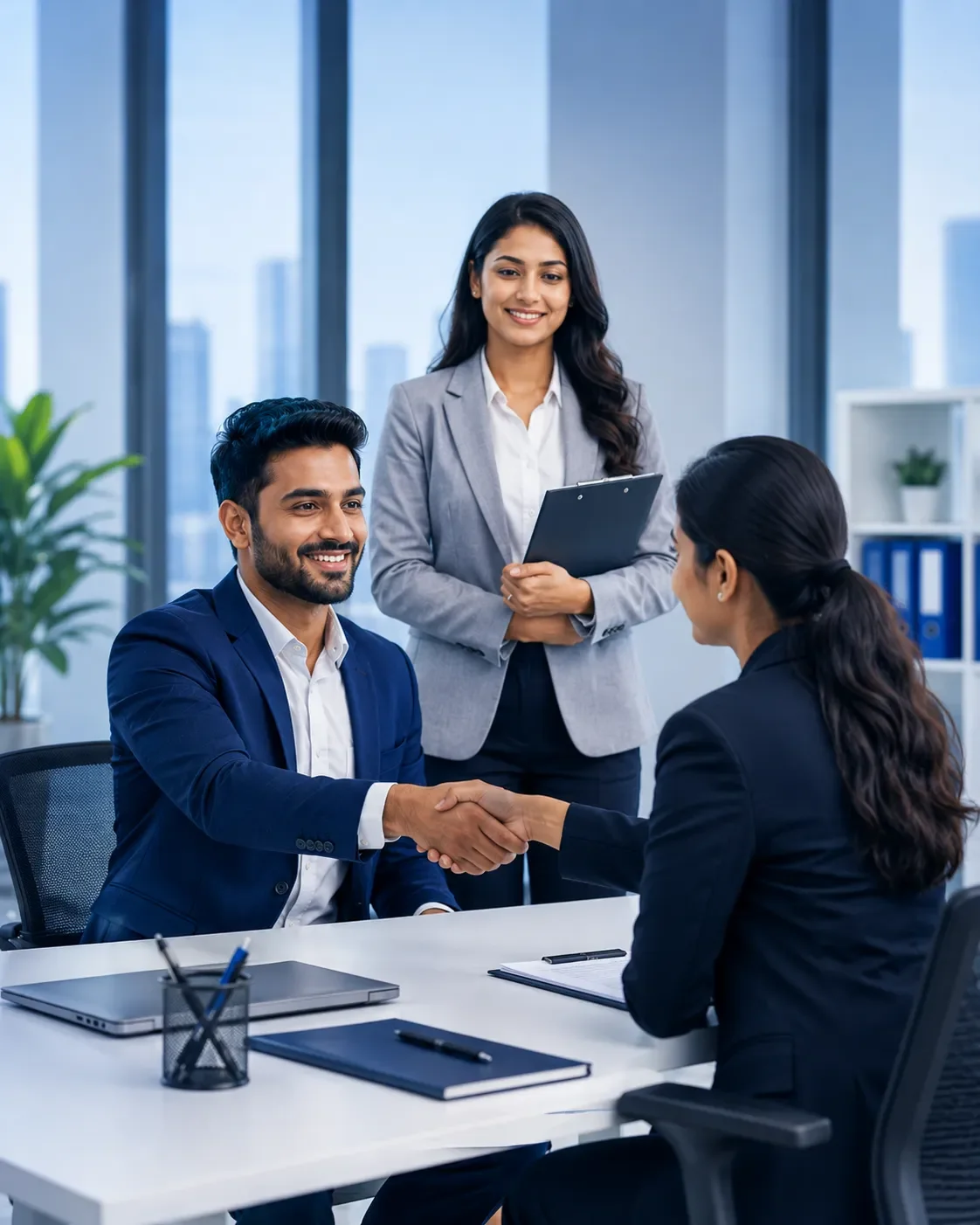 Professionals collaborating in a modern workplace