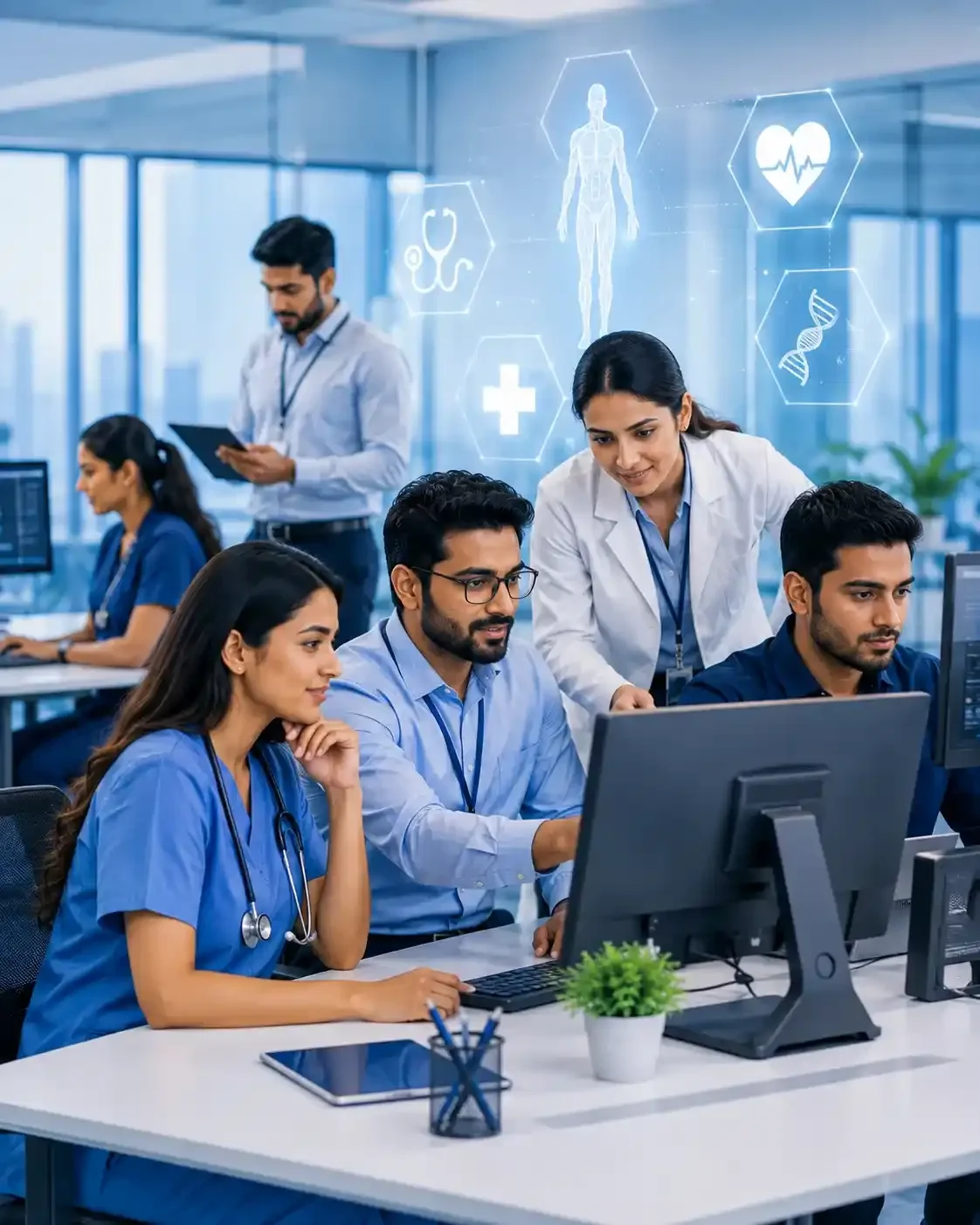 Healthcare IT professionals working with technology